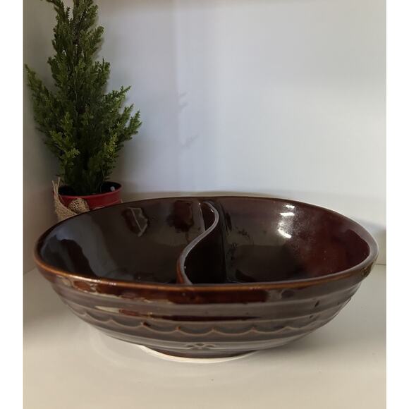Marcrest Daisy Dot Divided Serving Dish Brown Bowl Oven-Proof Vintage Stonewar - Picture 1 of 6